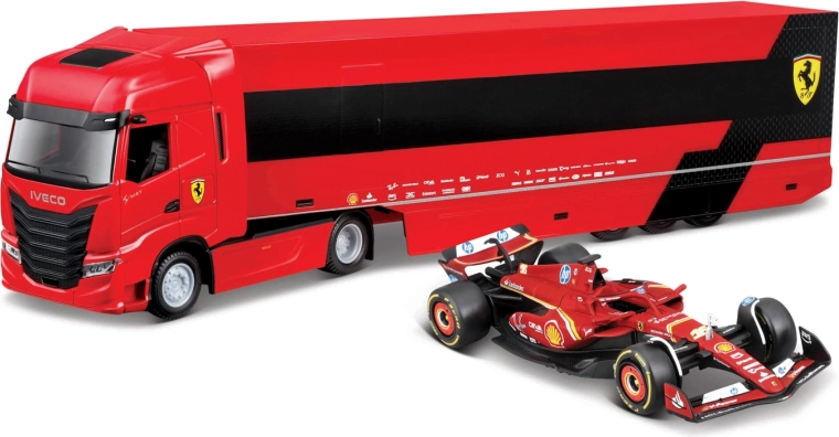 Bburago pretekársky ťahač Iveco s návesom a F1 Ferrari SF-24 2024 (Charles Leclerc) 1:43
