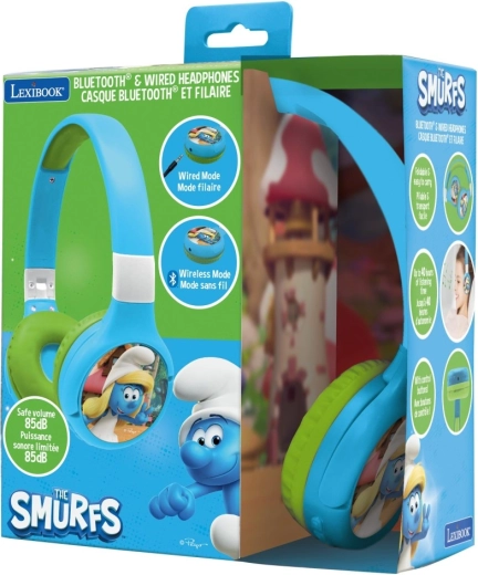 Detské skladacie bluetooth slúchadlá s obmedzením hlasitosti Šmolkovia 2v1