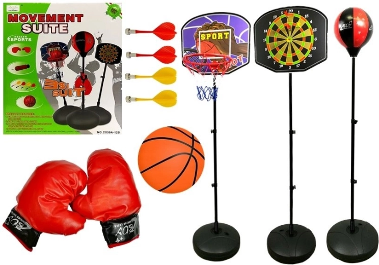 Detská športová sada 3v1 – basketbal, box a magnetické šípky