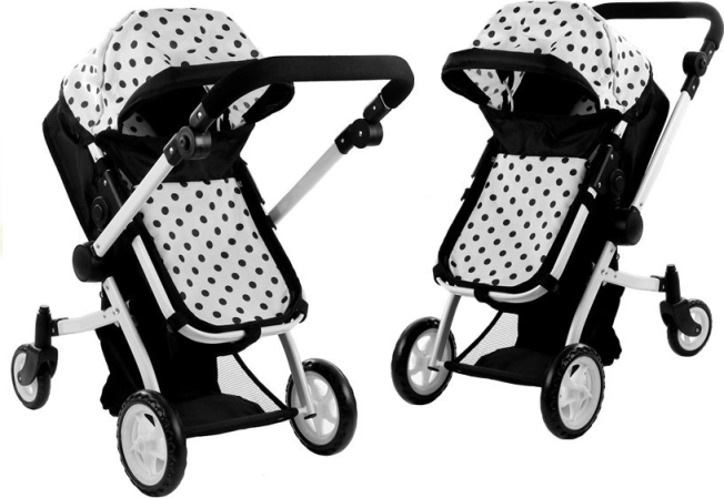 Kočík pre bábiky Alice 2v1 hlboký a športový, čierno‑biely bodkovaný