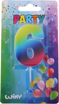Párty sviečka číslo 6 dúhová so stojanom