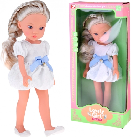 Lovely Girl módna bábika v bielych šatách s modrou mašľou 33 cm