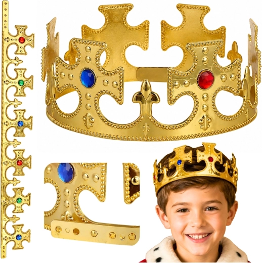 Nastaviteľná zlatá kráľovská koruna s imitáciou drahokamov (17–20 cm)