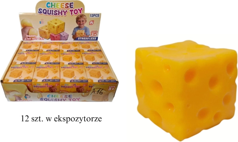 Antistresová mačkacia loptička v tvare syra (kocka 6 × 6 × 6 cm)