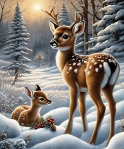 Diamantové maľovanie koloušikovia v zasneženom lese 30 × 40 cm