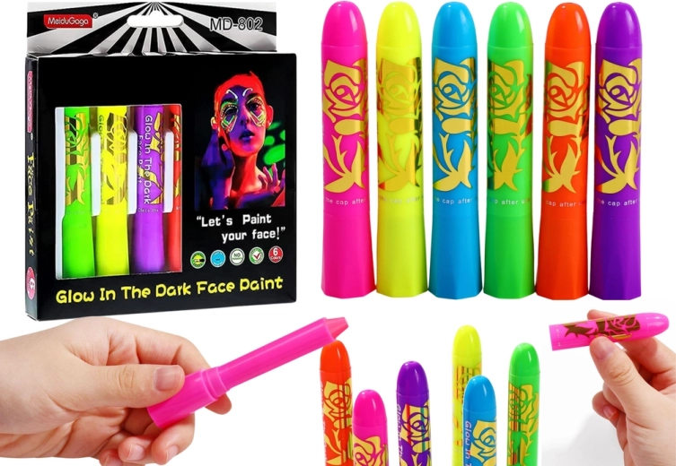 Neónová sada na maľovanie tváre, fluorescenčné pastelky, 6 ks
