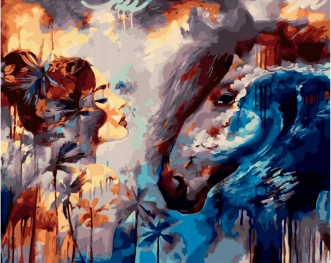 Maľovanie podľa čísel na plátne v ráme 50 × 40 cm Pohľad – žena a kôň