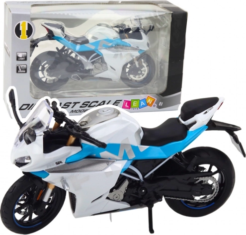 kovový športový motocykel 1:12 so svetlami a zvukmi – bielomodrý