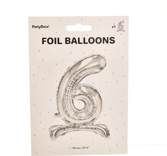 Stojaci fóliový balónik číslo 6 strieborný 70 cm