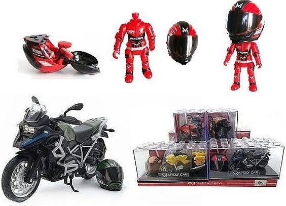 Motocykel s prilbou a figúrkou jazdca (1:14)