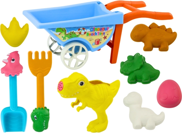 Sada na piesok dinosaury: fúrik, lopatka, hrabličky, krhlička a 6 formičiek