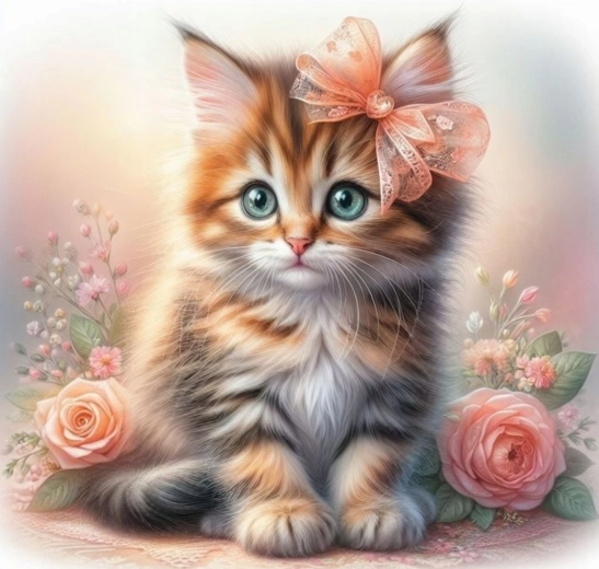 Norimpex diamantové maľovanie Mačiatko s mašľou a ružami 30x40 cm