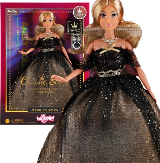 Woopie bábika Lily 30 cm s dlhými blond vlasmi v čiernych večerných šatách