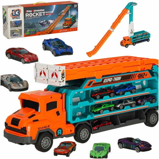 Nákladné auto – nosič áut s dvojkoľajovou pretekárskou traťou, oranžové