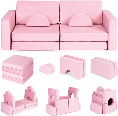 Veľká dvojmiestna modulárna skladacia pohovka pre deti DIY s 10 mäkkými vankúšmi - ružová ECOTOYS