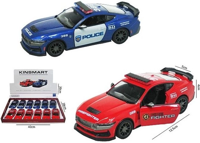 Model auta Ford Mustang 2024 Dark Horse – policajná alebo hasičská verzia, pull back
