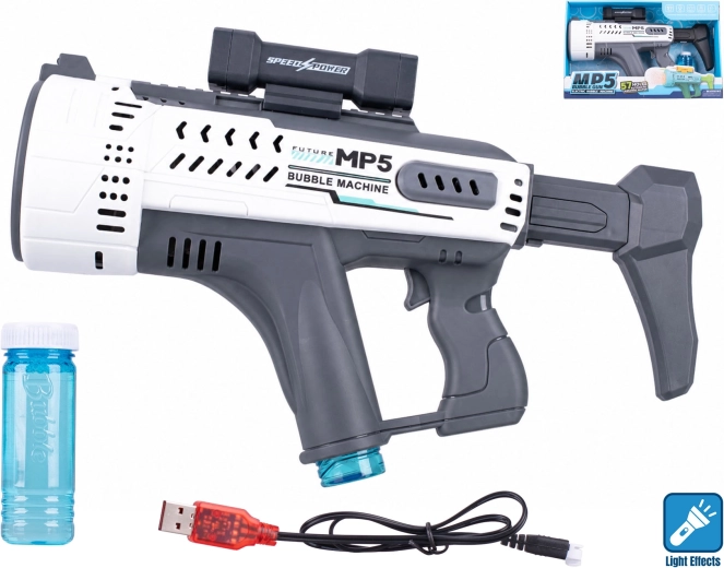 Biela bublifuková pištoľ v štýle MP5 so svetelným efektom 44 cm
