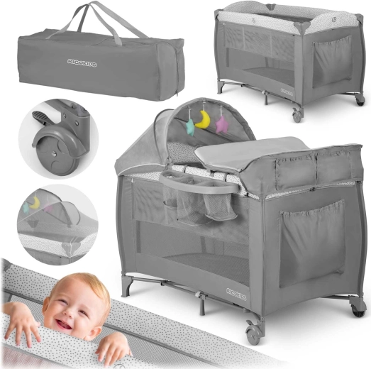 Cestovná postieľka s matracom a transportnou taškou 125×65×78 cm, sivá