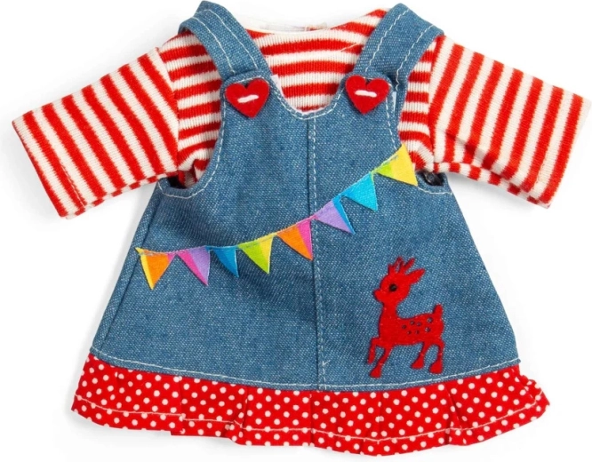 Bigjigs Toys džínsové šaty s trakmi a pruhovaným tričkom pre bábiku 28 cm