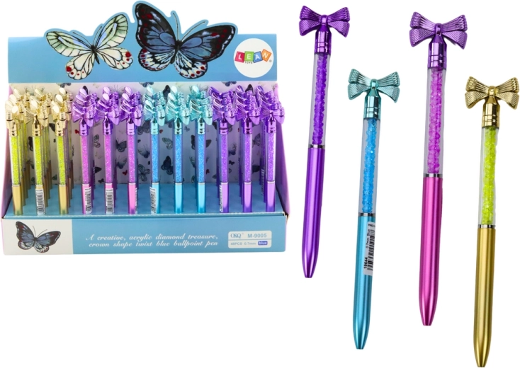 Guľôčkové pero s mašličkou a kryštálikmi, modrá náplň 0,7 mm