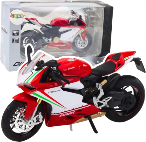 Kovový športový motocykel 1:12 so svetlami a zvukmi – červeno‑biely
