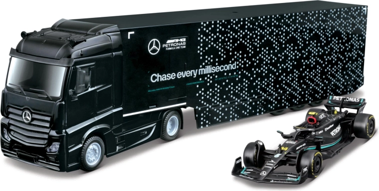 Bburago ťahač s návesom na prepravu F1 a model Mercedes-AMG Petronas W15 (2024) George Russell 1:43