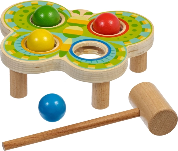 Drevená zatĺkačka Motýľ so 4 farebnými guľami