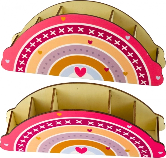 Drevený organizér na stôl pre deti v ružovej farbe s motívom dúhy