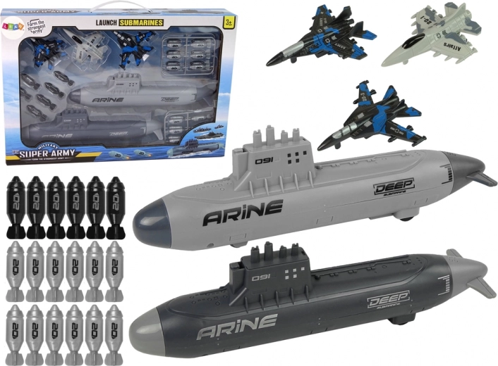vojenská sada námorníctvo s ponorkami, stíhačkami a strelami