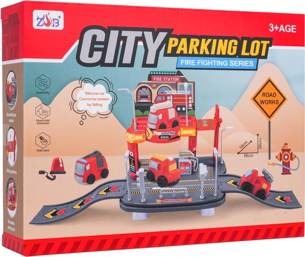 Hasičská garáž s mäkkým autíčkom – dvojposchodové parkovisko pre deti