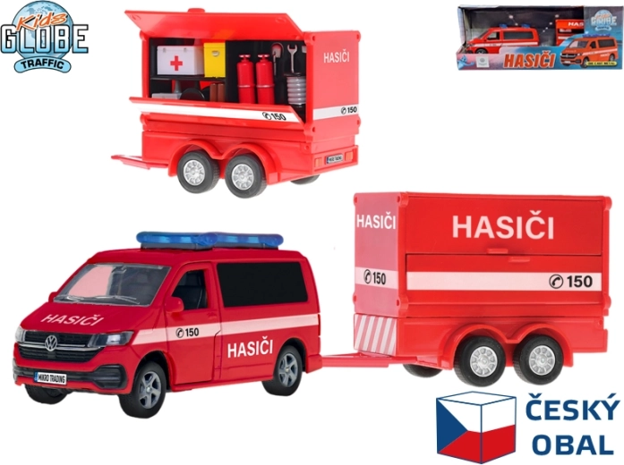 Kids Globe Traffic hasičská dodávka Volkswagen s prívesom, český dizajn