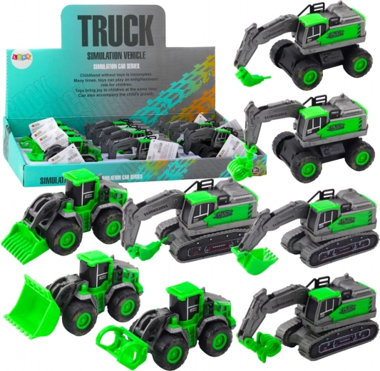 Stavebné vozidlo s natahovacím pohonom – mini bager, nakladač alebo buldozér, zelené