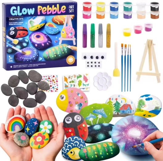 Sada na maľovanie kameňov DIY so svietiacimi farbami a ozdobami