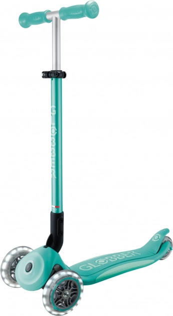 Globber detská trojkoliesková kolobežka Plus – Primo Foldable Plus Lights V2 Dark Mint so svietiacimi kolieskami