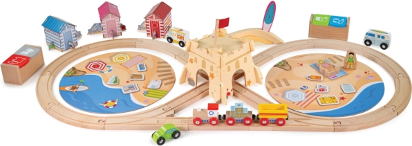 Drevená vláčkodráha BIGJIGS RAIL upratovanie pobrežia, 70 dielov