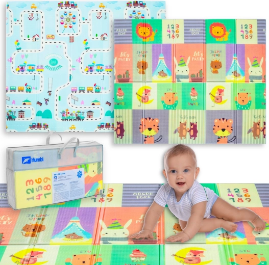 Humbi obojstranná skladacia penová podložka pre deti 180 × 150 × 1 cm so zvieratkami a cestami