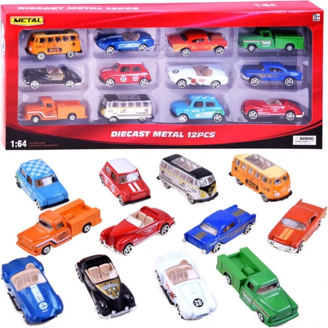 Sada kovových retro autíčok 1:64 (12 ks)