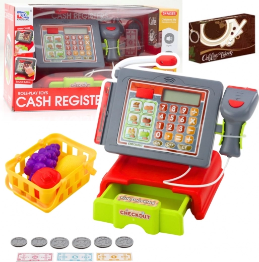 Detská pokladnica s doplnkami, košíkom a ovocím – svetlá a zvuky, červená