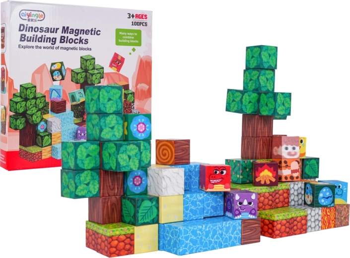Súprava magnetických 3D kociek s dinosaurami - 100 dielikov