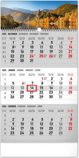 Notique nástenný trojmesačný kalendár Krajina, slovenské mená 2026, 29,5 × 43 cm, sivý