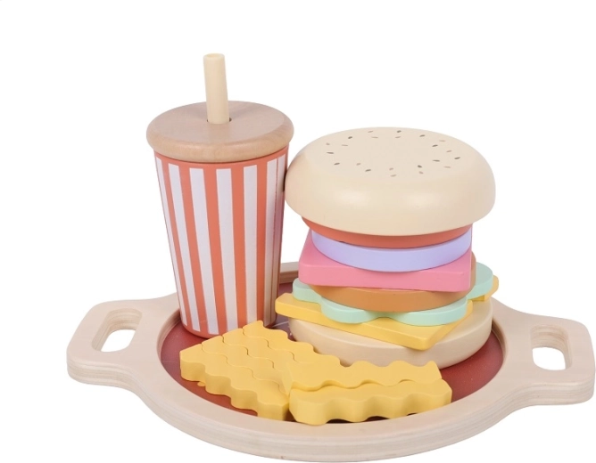 2Kids Toys drevená nasadzovačka fast food (hamburger, hranolky a nápoj)