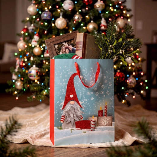 Vianočná darčeková taška so škriatkom a trblietkami 31 × 42 × 12 cm - 1 kus