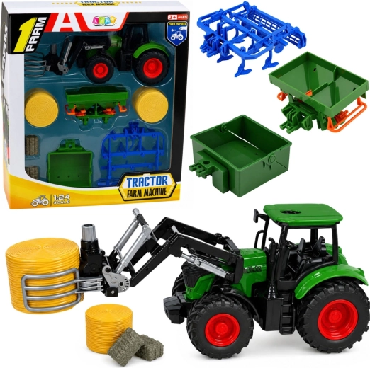 Farmársky set: traktor s čelným nakladačom a kliešťami na balíky 1:24