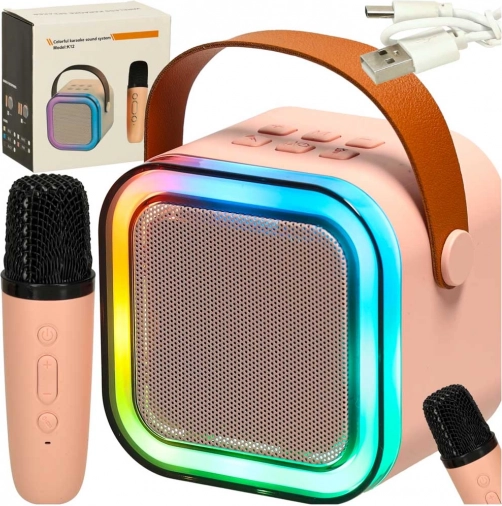 Ružová karaoke sada s Bluetooth reproduktorom, mikrofónom a LED
