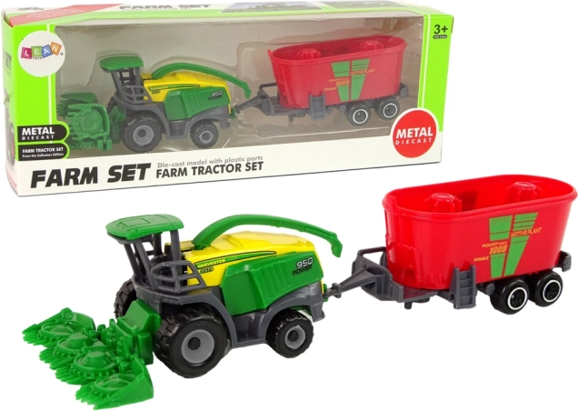 Kombajn s prívesom – zeleno‑červený poľnohospodársky stroj, plastová hračka