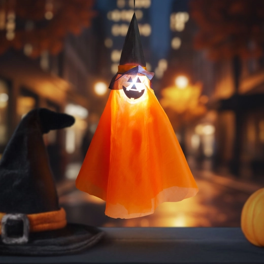 Halloweenska závesná svietiaca dekorácia tekvice s čarodejníckym klobúkom