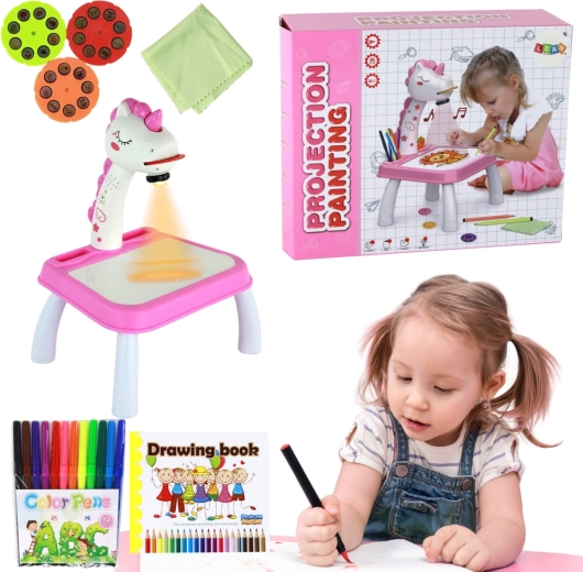 Projektor na kreslenie jednorožec – ružová sada s fixkami a kotúčmi