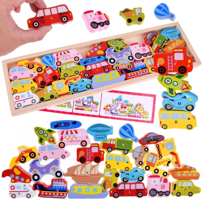 Veľká drevená abecedná sada vozidiel – 27 dielov, puzzle a triedenie
