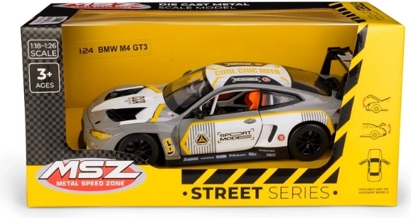 MSZ BMW M4 GT3 kovový model v mierke 1:24 strieborno-sivý