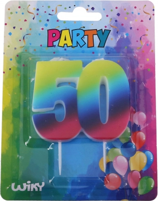 Dúhová narodeninová sviečka číslo 50 so stojančekom